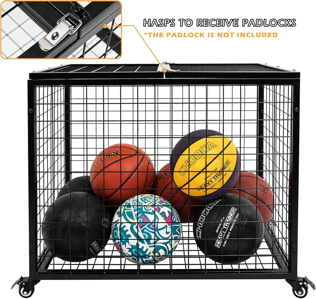 Rehomerance Basketball Organizer Cart - Lockable Lid & Rolling Storage Bin for Indoor/Outdoor Use