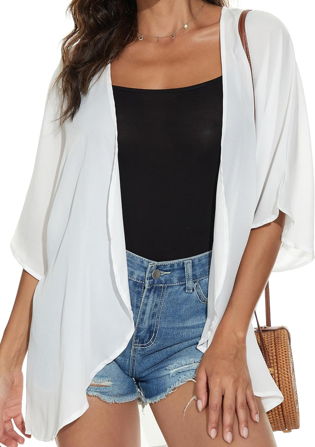 Skiennix Women's Floral Print Puff Sleeve Kimono Cardigan - Casual Loose Cover-Up Top