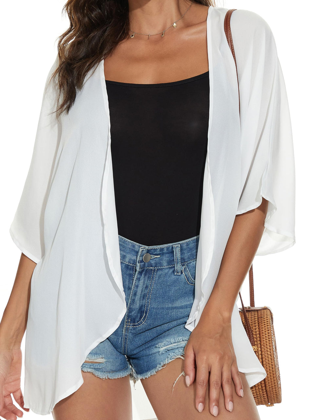 Women Summer Tops Kimono Cardigans Sheer Beach Cover Ups Chiffon Open Front Shirts （White,3XL)