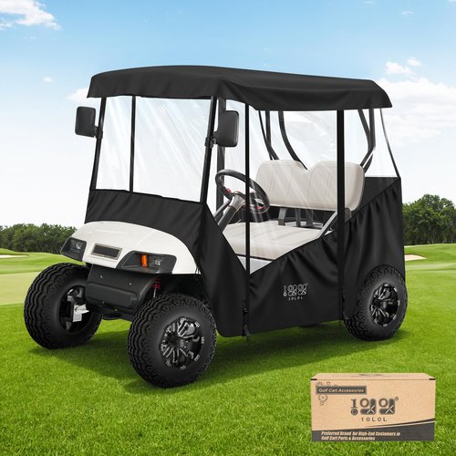 10L0L Universal Golf Cart Enclosure Compatible with EZGO TXT and Club Car Tempo/Onward/DS/Precedent Models, 2-Passenger Golf Cart Waterproof 420D Material Windproof Transparent on 2 Sides (Black)