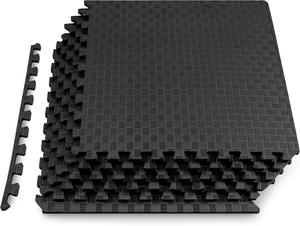 ProsourceFit Exercise Puzzle Mat - ½-Inch Checkered EVA Foam Tiles | Non-Slip, Shock Absorbing, Waterproof Gym Flooring, Black