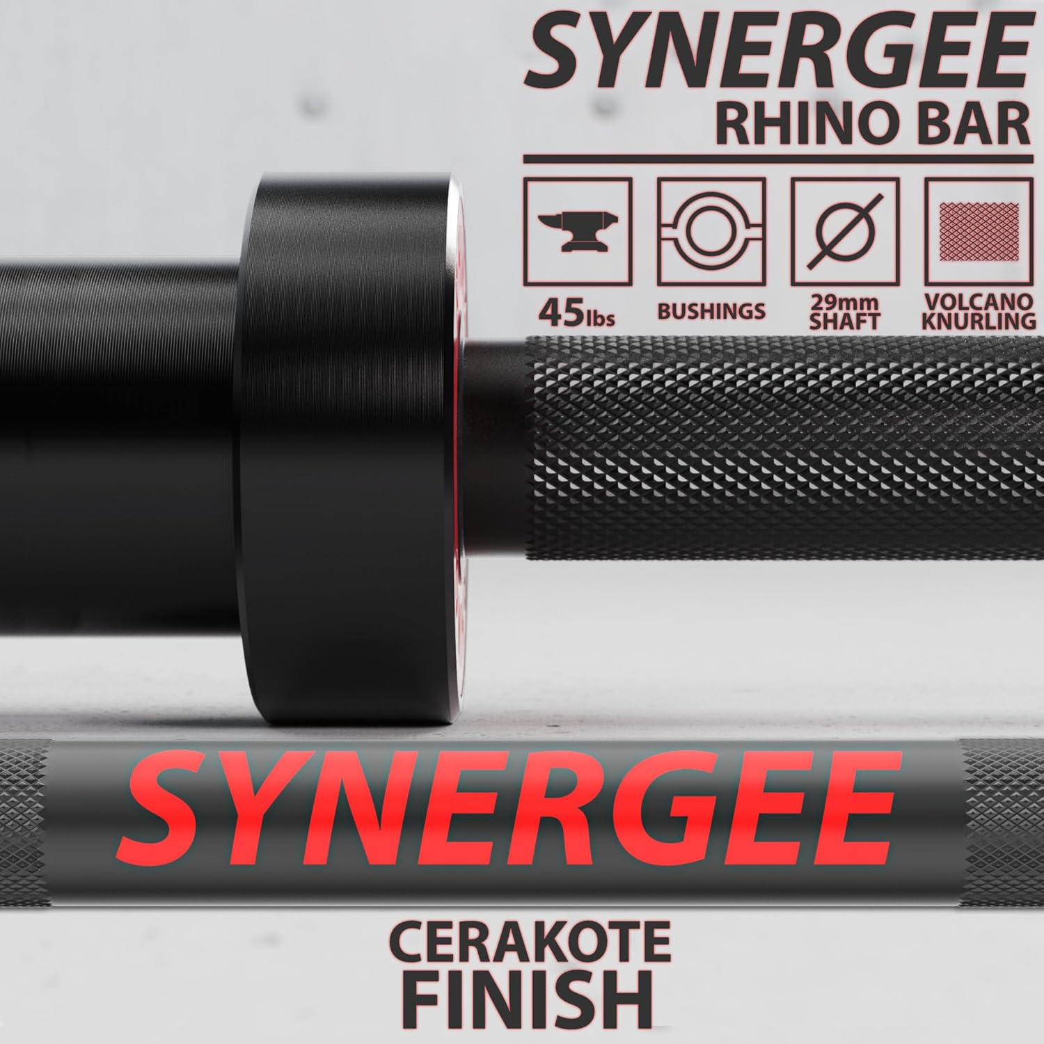 Synergee 45lb Rhino Power Bar | Cerakote Finish Barbell for Powerlifting - Rated 1500lbs