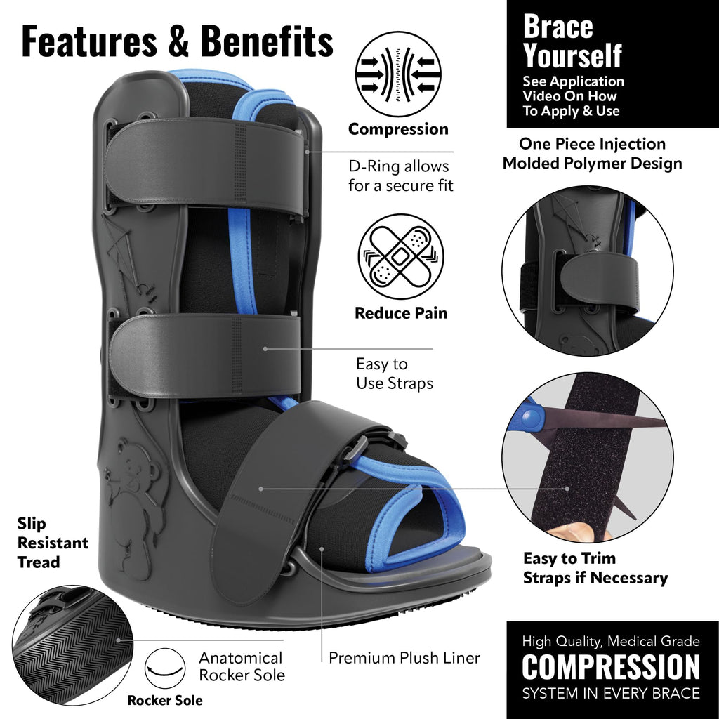 Braceapedia Pediatric Medical Walking Boot - Toddler & Kids Only, Orthopedic Foot Boot & Ankle Support Brace for Sprained Ankle - Universal Left/Right Fit - Medium Blue Liner (Fits Kids Foot Length 5" to 6 inches)