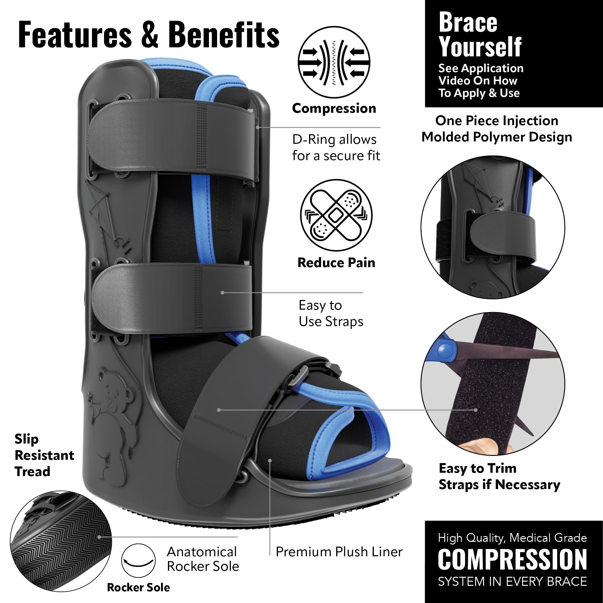 Braceapedia Pediatric Medical Walking Boot - Toddler & Kids Only, Orthopedic Foot Boot & Ankle Support Brace for Sprained Ankle - Universal Left/Right Fit - Medium Blue Liner (Fits Kids Foot Length 5" to 6 inches)