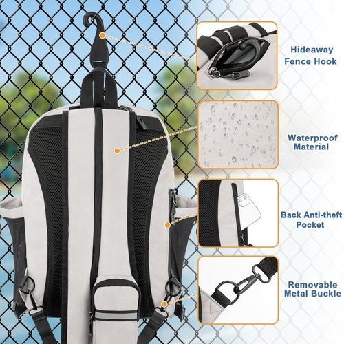 TEUEN Pickleball Bag, Pickleball Backpack for Men Women, Large Capacity Sports Pickleball Paddle Bag, Adjustable Crossbody Sling Bag Pickle Ball Bag with Fence Hook Water Bottle Holder
