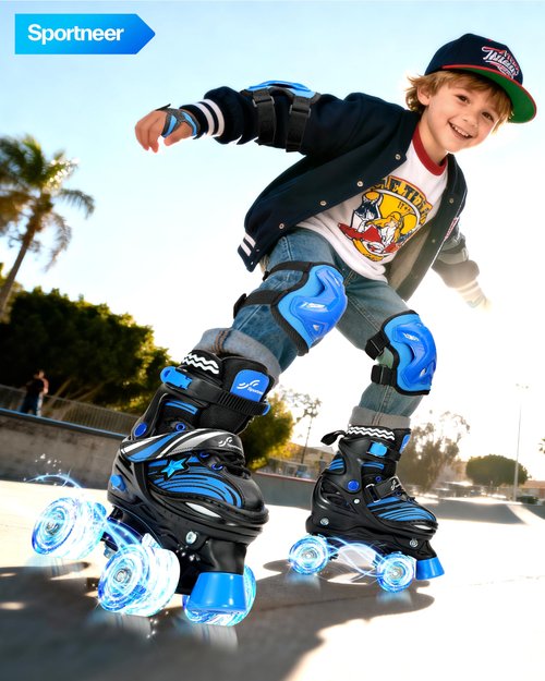 Sportneer Kids Roller Skates, 4 Adjustable Light up Roller Skates for Girls Boys Toddlers Beginners, Skates with Protective Gear Set Gift for Indoor & Outdoor Use