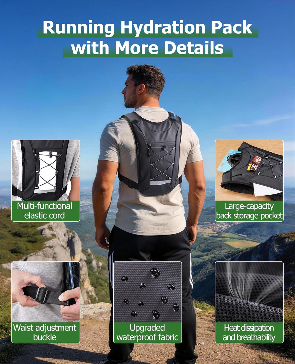 NOOLA Running Vest with 2L Water Bladder, Reflective Hydration Backpack for Men Women, Lightweight Chest Pack with Phone Pocket Adjustable Running Backpack for Marathon Fishing Cycling Hiking, Large