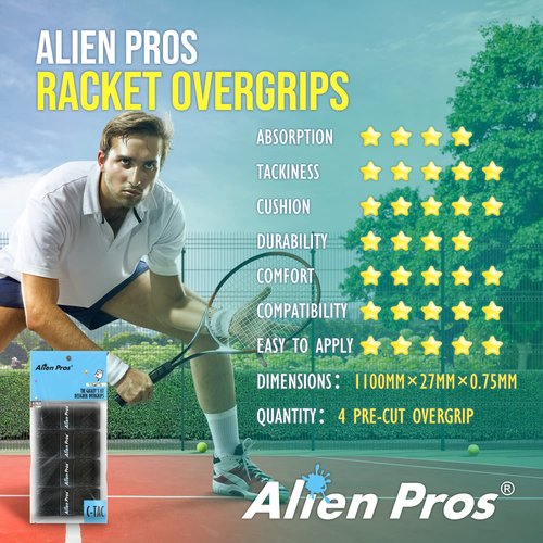 ALIEN PROS Tennis Racket Grip Tape (C-Tac) - Precut and Advanced Tac Feel Tennis Grip 4 Pack Blue - Tennis Overgrip Grip Tape Tennis Racket - Wrap Your Racquet for High Performance