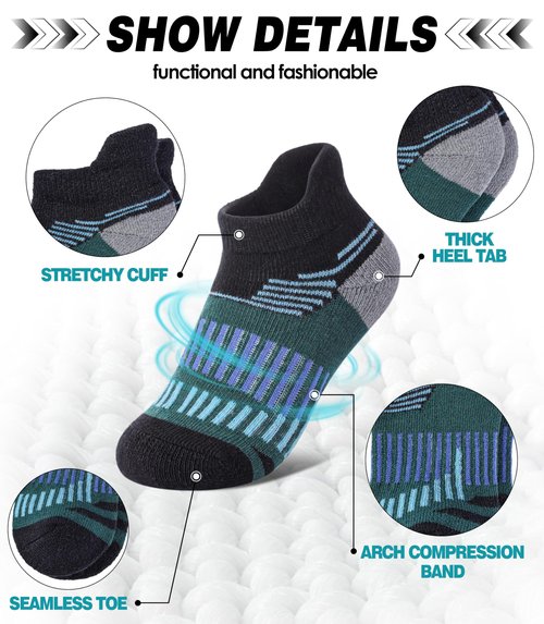 LANLEO Kids Merino Wool Ankle Hiking Athletic Running Socks Girls Boys Teens Winter Warm Thick No Show Socks 6 Pairs Black, 8-12 Year Old