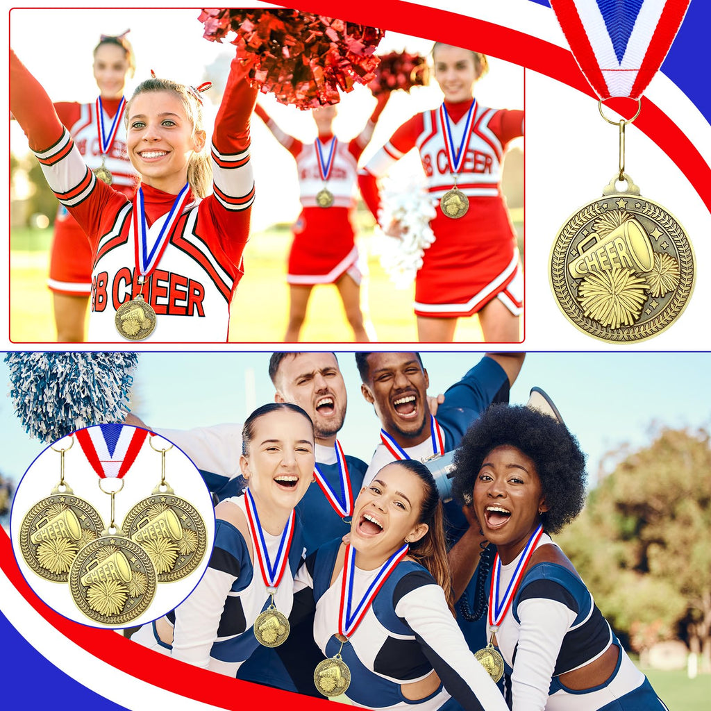 Remuuly 60 Pcs Gold Award Medals 2 Inch Soccer Baseball Volleyball Football Cheer Trophy Medals Metal Awards Bulk with Neck Ribbons Trophy Prize Gifts for Sports Competitions(Cheer)