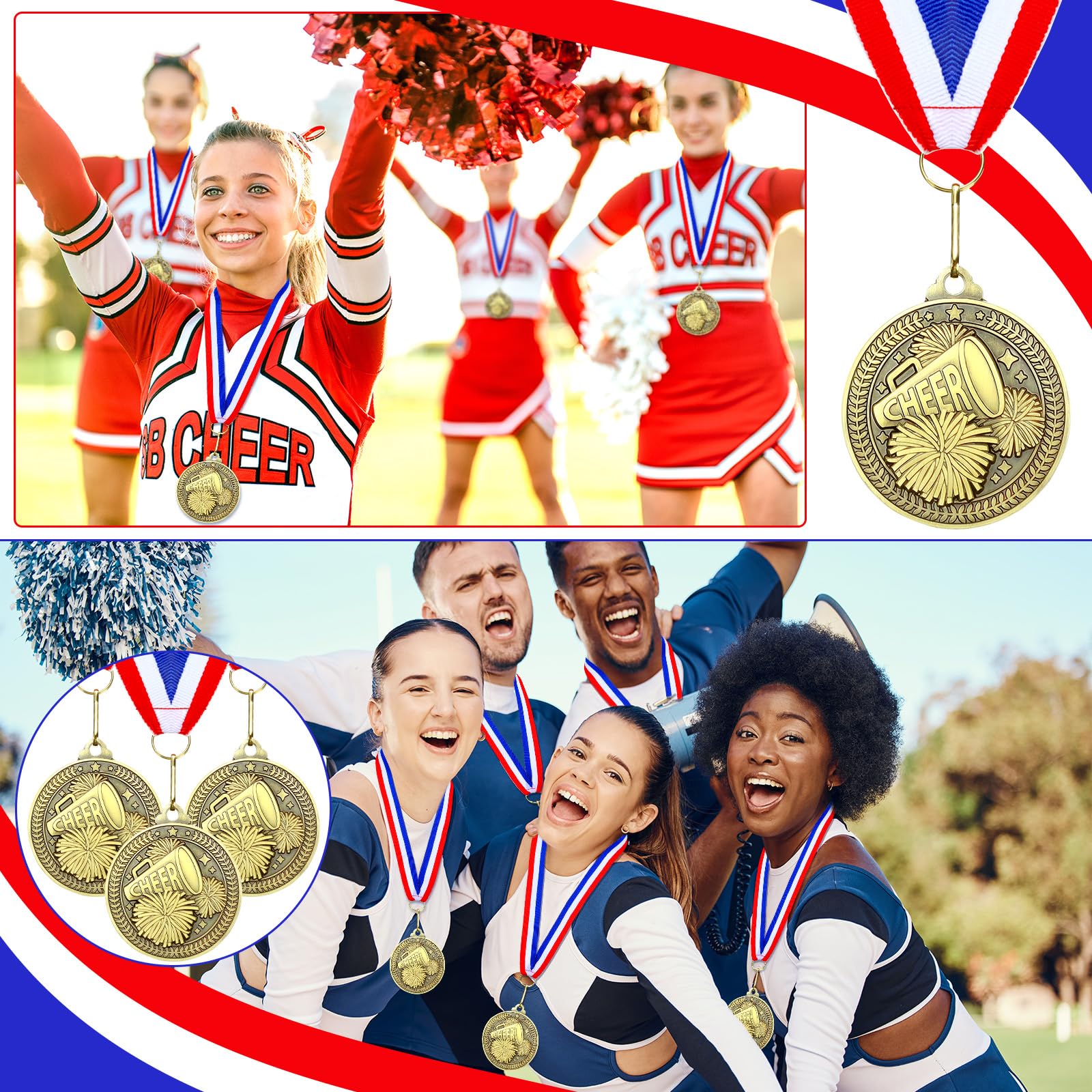 Remuuly 60 Pcs Gold Award Medals 2 Inch Soccer Baseball Volleyball Football Cheer Trophy Medals Metal Awards Bulk with Neck Ribbons Trophy Prize Gifts for Sports Competitions(Cheer)