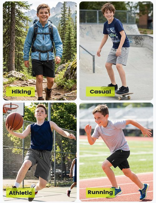 Gihuo Boys Shorts Quick Dry Athletic Shorts Kids Lightweight Outdoor Running Shorts with Zipper Pocket(BlackDarkGreyLightGrey-13Y)