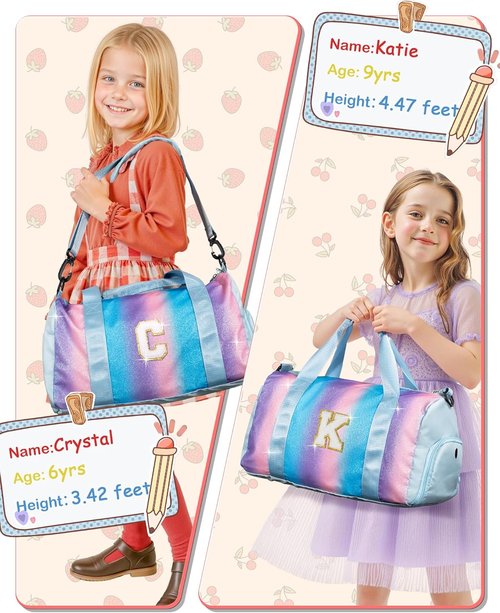 Gifts for 3 4 5 6 7 8 9 10 Year Old Girls-Girl Gym Bag with Shoe Compartment, Kid Personalized Weekender Overnight Bags, Initial Travel Tote with Makeup Pouch, Gift Ideas for Kids (Letter M)