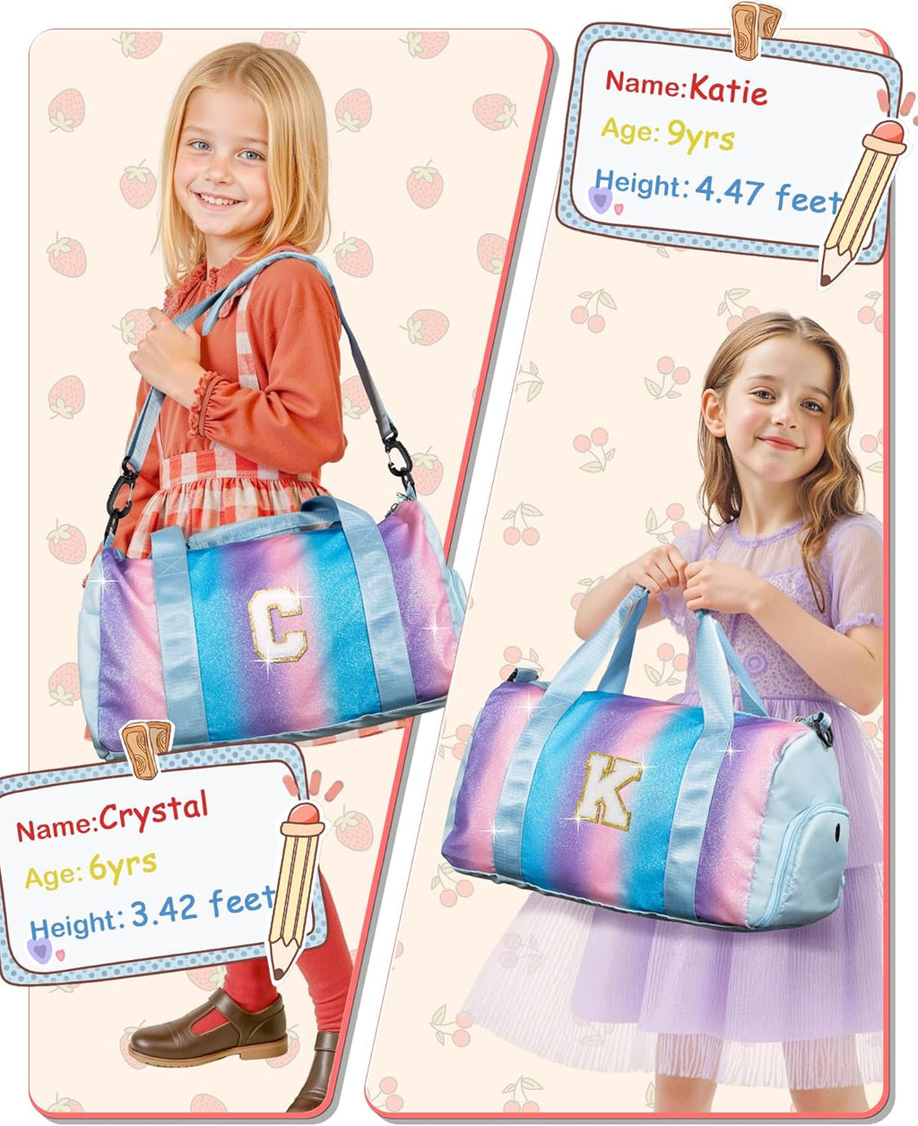 Skiennix Girls Gym Bag - Personalized Weekender Tote with Shoe Compartment & Makeup Pouch (Letter K)