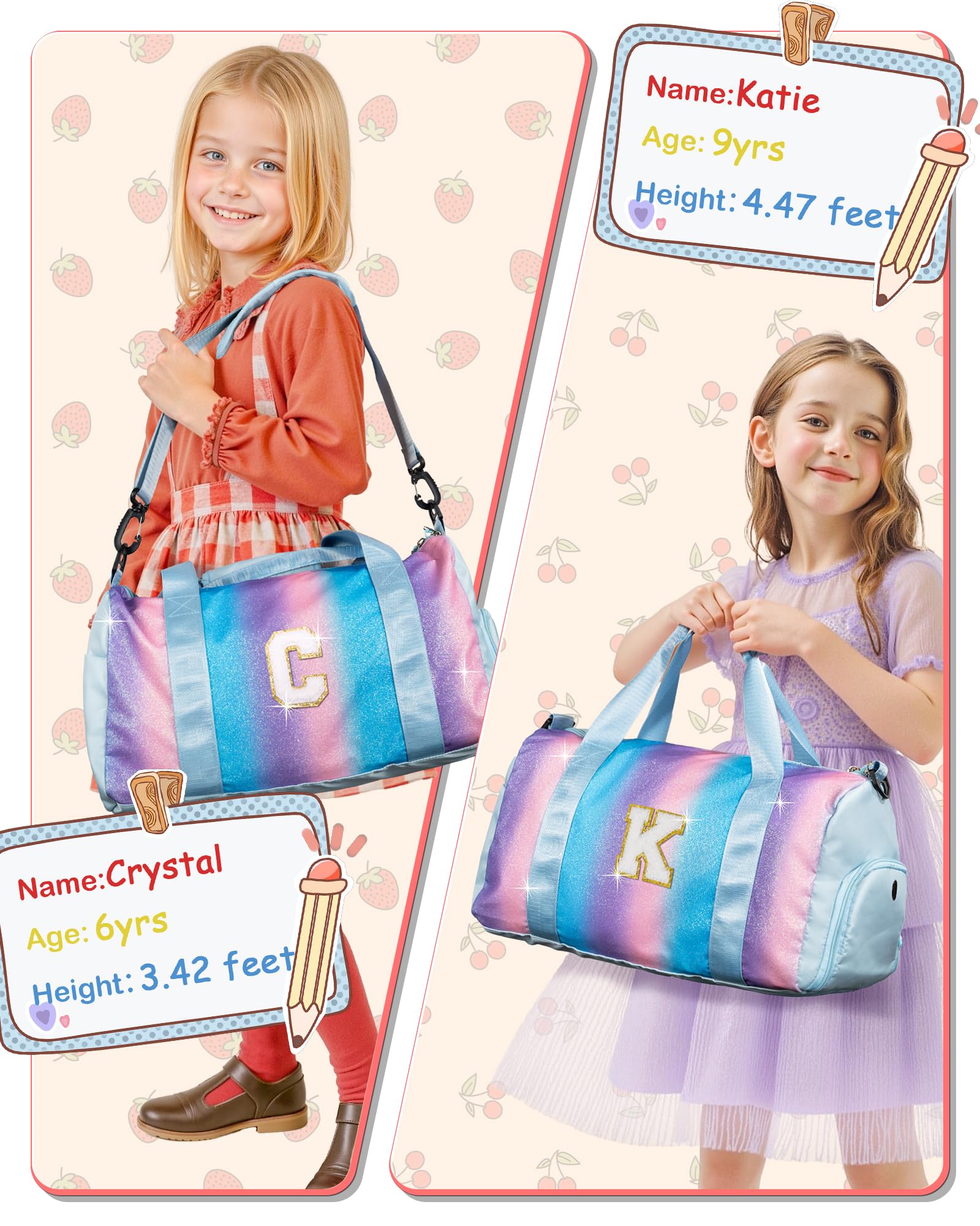 Vogewood Gifts for Girls-Girl Gym Bag with Shoe Compartment, Kid Personalized Weekender Overnight Bags, Initial Travel Tote with Makeup Pouch, Gift for 3 4 5 6 7 Year Old Kids (Letter T)