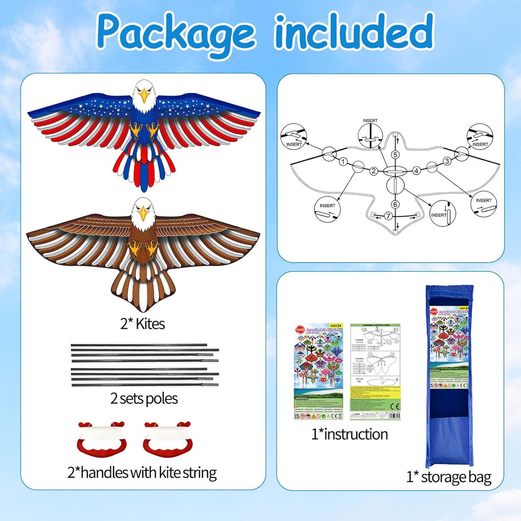 Skiennix 2 Pack Kites - Patriotic Eagle & Dragon Designs | Easy to Fly for Kids Ages 4-12, 328FT String