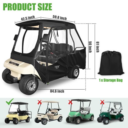 10L0L 4 Passenger Golf Cart Enclosure for Club Car DS, Driving Rain Cover (Short Roof 56-59" with Bench) Windproof Waterproof Portable 4-Sided Clear Window & Durable YKK Door Zipper (Black