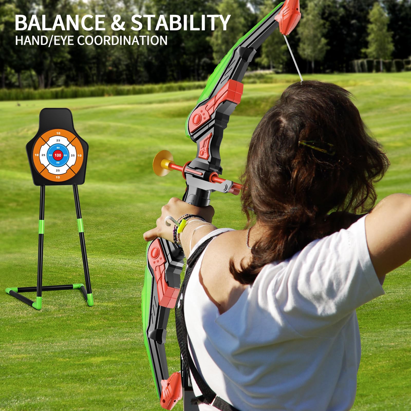 TEMI Bow and Arrow Set for Kids 4-8,Kids Archery Set with LED Lights Includes 10 Suction Cup Arrows, Quivers & Standing Target, Outdoor Toys for Boys & Girls Ages 3-12 Years Old