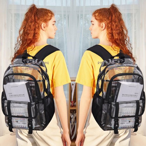KUI WAN Clear Backpack, Large Clear Bag Stadium Heavy Duty PVC Transparent See Through Backpacks for Boys Girls, College, Work, Black