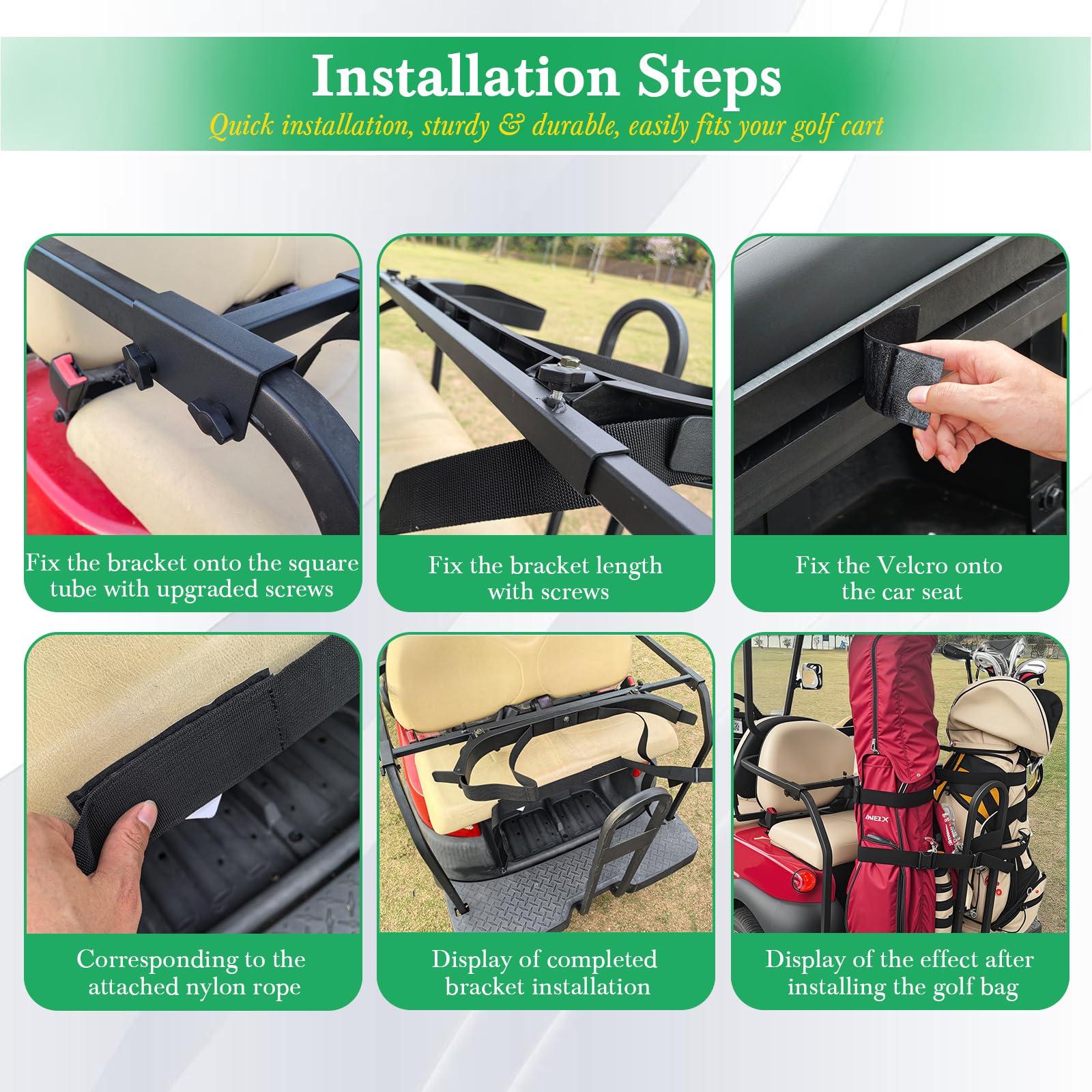 Upgrade Golf Cart Bag Holder Bracket, Adjustable Golf Cart Bag Bracket for 2+2 Rear Seat with 1 Inch Square Tube, No Drilling Golf Bag Holder Attachment for Club Car EZGO Yamaha, Include Nylon Strap