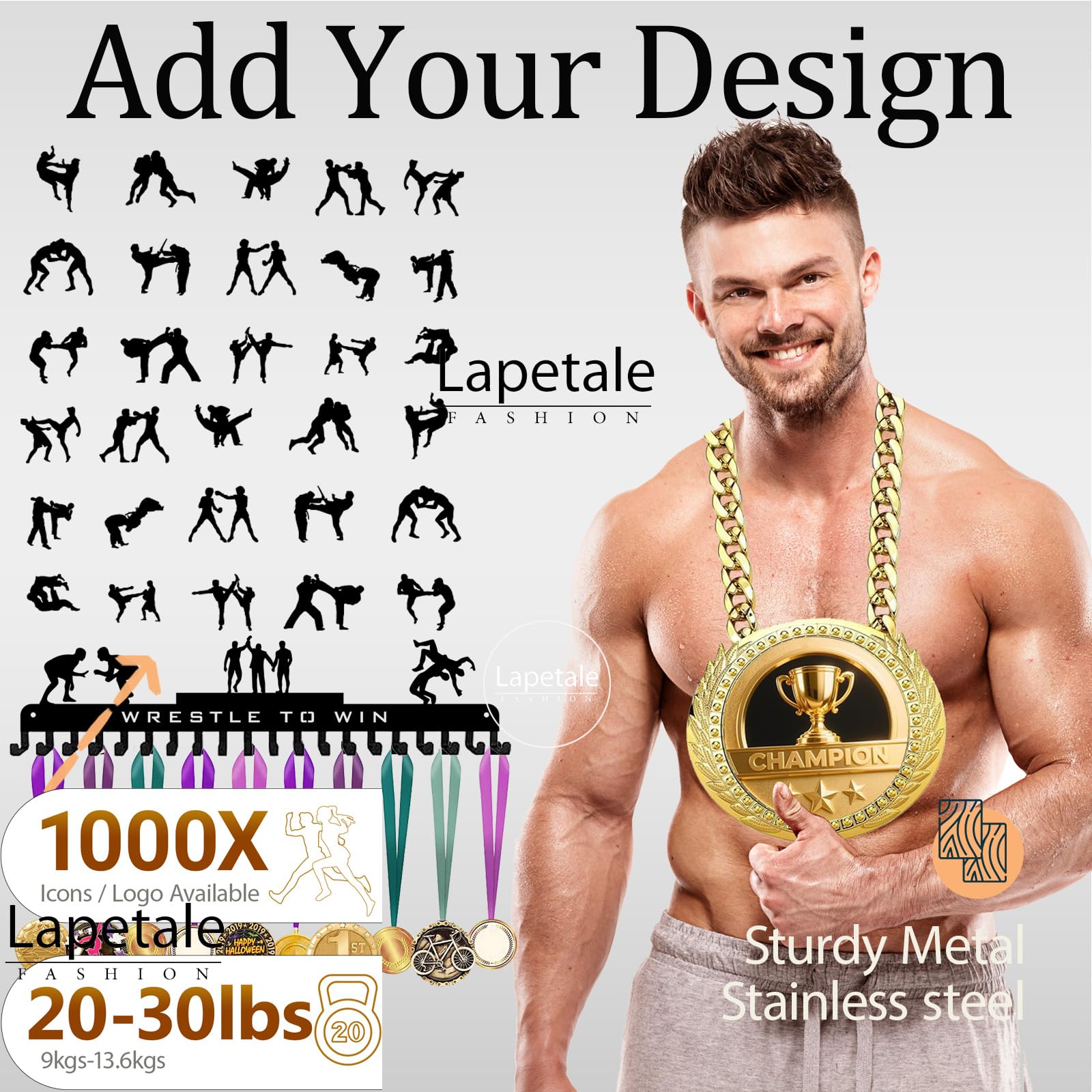 Lapetale Fashion Metal Medal Hanger Display for 63 Medals – She Believed She Could So She Did (16" Wide with 20 Hooks) - Black- Awesome Gifts-Patent NO.983560S
