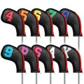 WOSOFE Zippered Golf Iron Head Covers, 10-Piece Set | Premium Waterproof PU Leather with Vibrant Number Embroidery | Universal Fit for All Major Brands | Noise-Dampening Protective Iron Sleeves, Black