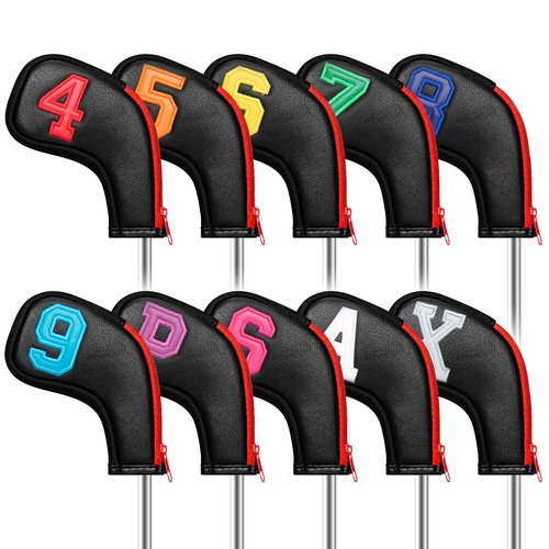 WOSOFE Zippered Golf Iron Head Covers, 10-Piece Set | Premium Waterproof PU Leather with Vibrant Number Embroidery | Universal Fit for All Major Brands | Noise-Dampening Protective Iron Sleeves, Black