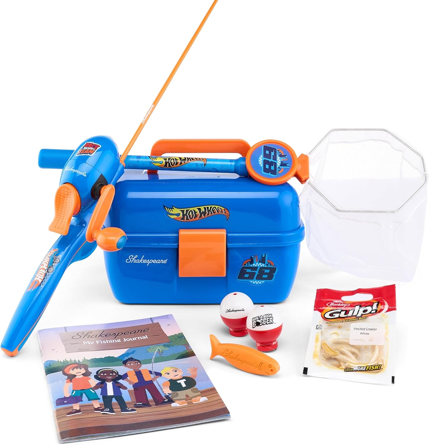 Shakespeare Hot Wheels Kids Fishing Set - 2’6” Fishing Rod & Reel Combo with Net, Tackle Box & Bait