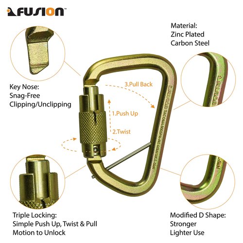 Triple Locking Carabiner 60KN- Fusion Climb® Tacoma- Professional Rock Climbing Carabiner- Heavy Duty Steel- Auto Locking Carabiner for Climbing, Rappelling, D Shaped, Captive Pin- UIAA ANSI Compliant