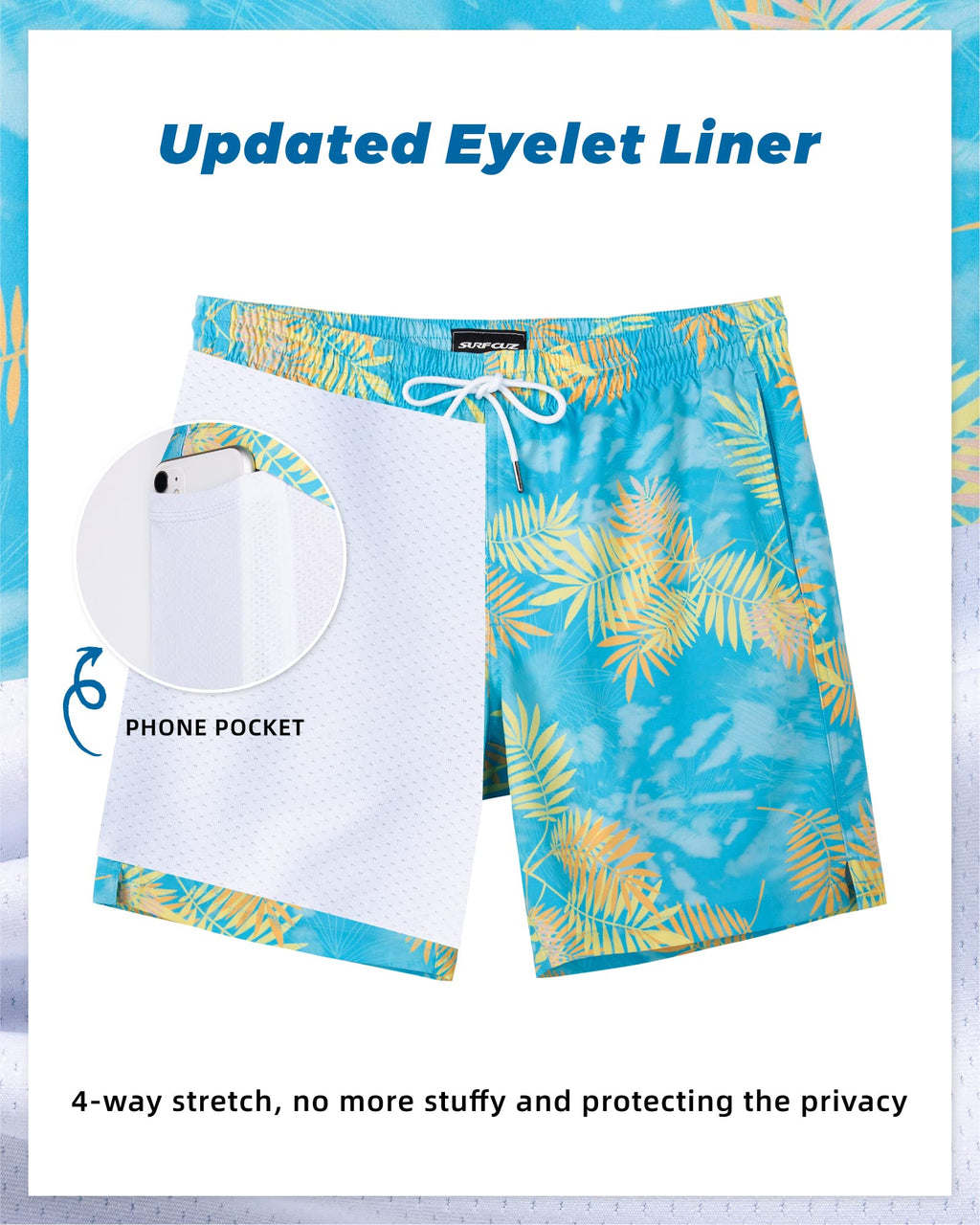 SURF CUZ Mens Swim Trunks with Compression Liner Quick Dry Swim Shorts 7" Swimming Trunks Stretch Zipper Pockets Blue Yellow Leaves Medium