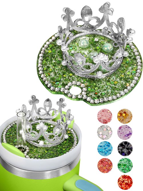 Toykee Lid Plate Topper for Stanley Cup 40 oz - Light Green Crown Cute Decoration Accessories for Tumbler, Woter Botter Glitter Bling Decor for Women Girls
