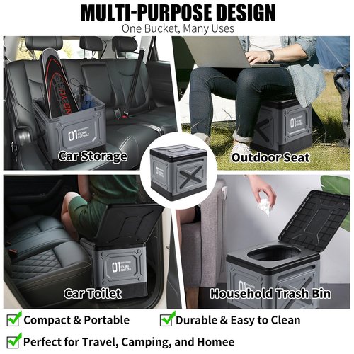 SJUX Portable Toilet for Adults, Collapsible Travel Toilet for Camping, Car, Boat & Emergency Use – Lightweight Folding Potty with Lid & Bag, Compact for Outdoor & RV