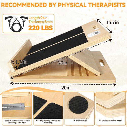 Extra Large Adjustable Wooden Slant Board - 15.7x20 Inches Calf Stretcher for Plantar Fasciitis & Ankle Rehab, Anti-Slip (220 LBS Capacity)