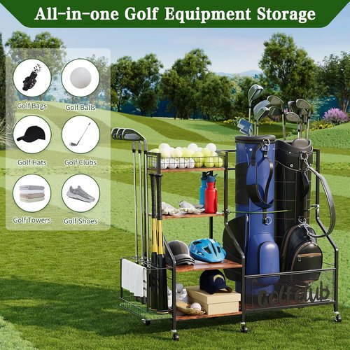 HavenlyYouth Golf Bag Storage Organizer - Fits 2 Bags | 360° Swivel Wheels, Wood Shelves, Anti-Tip Straps