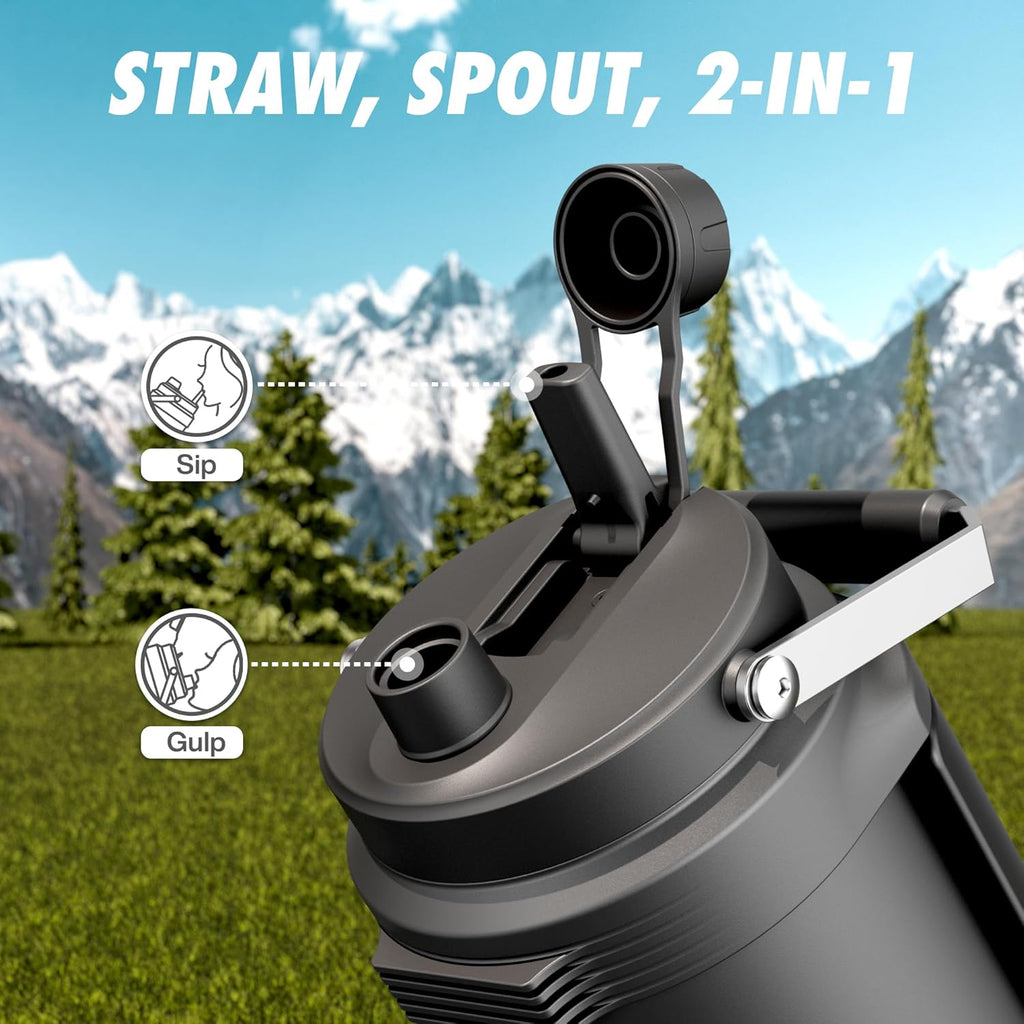Skiennix 64 oz Insulated Water Bottle - 2-in-1 Straw Spout Lid, Leakproof Design | Half Gallon Stainless Steel for Gym, Travel, Hiking (Midnight)