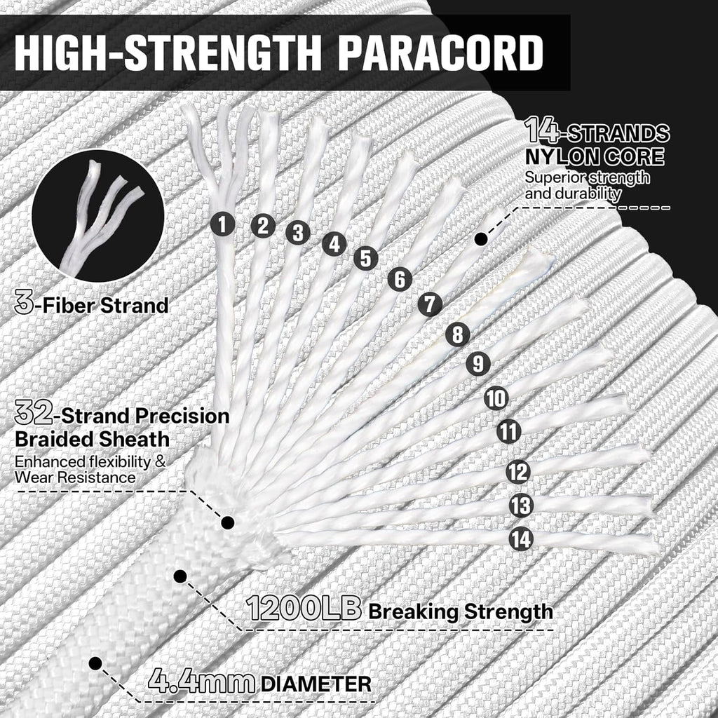 1200 Paracord Rope - 4.4mm 14 Strand Nylon for Outdoor Camping & DIY Projects | White 100FT
