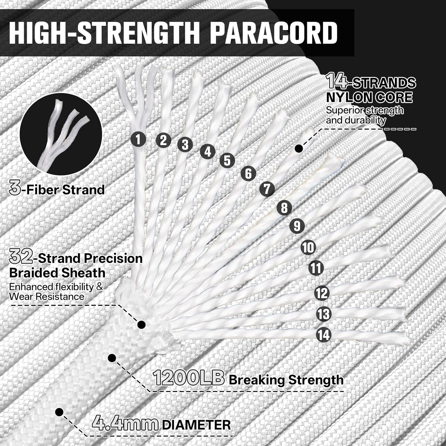 1200 Paracord Rope - 4.4mm 14 Strand Nylon for Outdoor Camping & DIY Projects | White 100FT