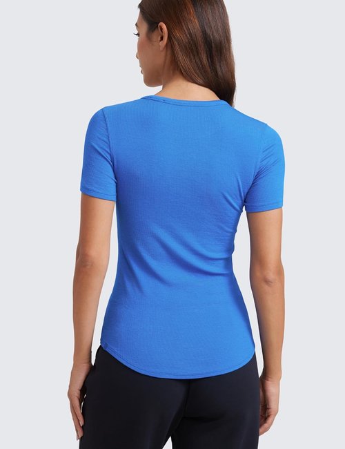 CRZ YOGA Womens Ribbed Modal Casual Short Sleeve Crew Neck Basic Shirts Going Out Soft Fitted Stretchy Athletic Workout Tops