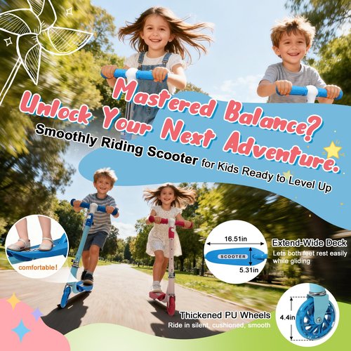 Kick Scooter for Kids 5-7 6-8 Years Age - Solid Metal Anti-Crack Frame&Brake,Height Adjustable,Light Up Two Wheel Toddler Scooter 4 Year Old,Boys Girls Outdoor Kid Child Toy Blue