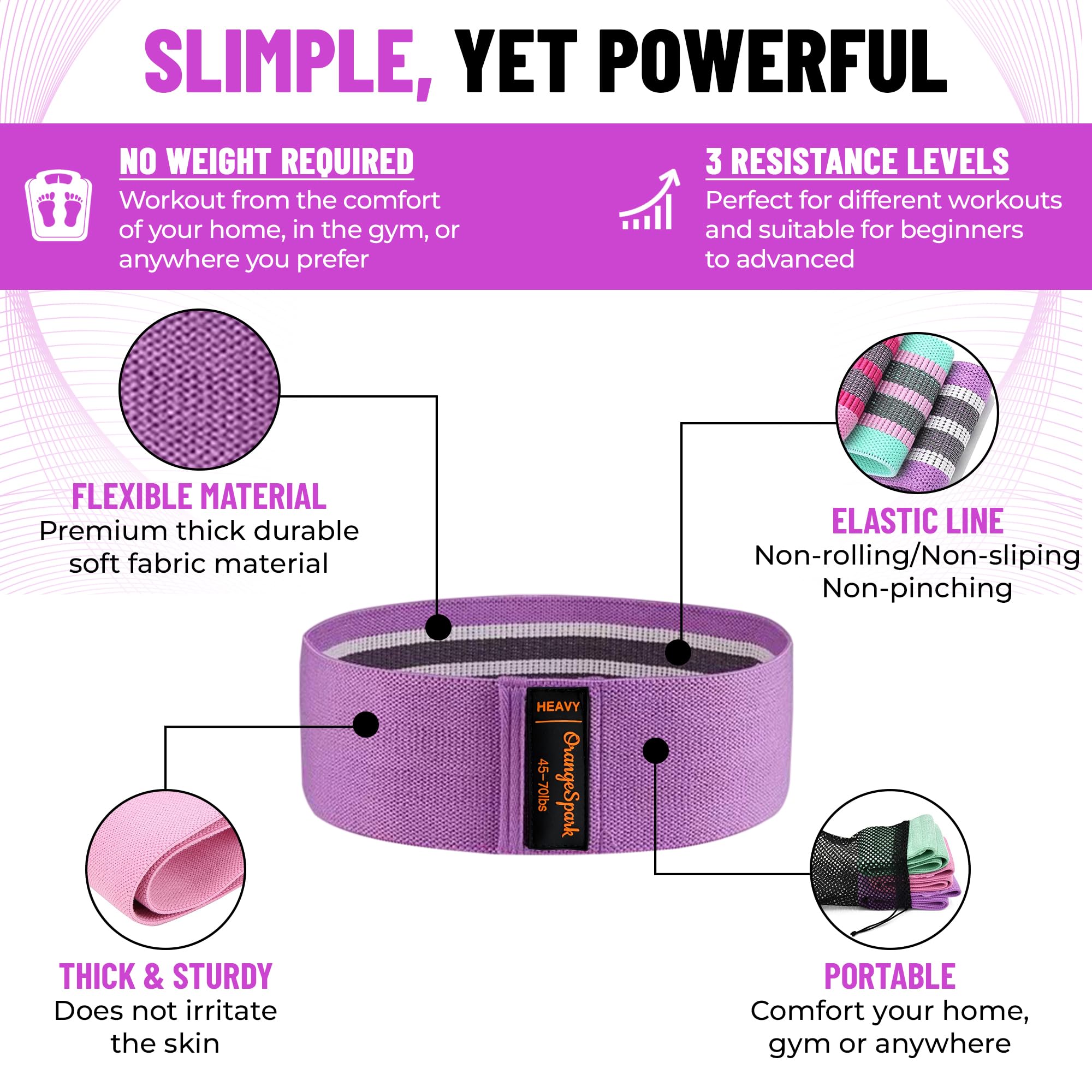 OrangeSpark Resistance Bands – Premium Workout Bands for Women & Men, 3-Piece Stretch Band Set for Glutes, Legs, Pilates & Strength Training (Pink)