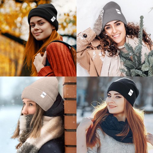 FEQO 4 Pack Satin Lined Winter Beanie Hats Soft Silk Lined Beanies Knit Warm Cuffed Hats for Women Men(Black, White, Light Gray, Oatmeal)