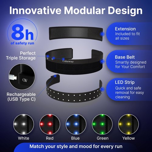 Colorway LED Running Belt - Reflective Running Gear with Removable Light Strip, 5 Bright Colors, USB Rechargeable, Adjustable Waist Pack, High Visibility, Night Safety Belts for Men and Women