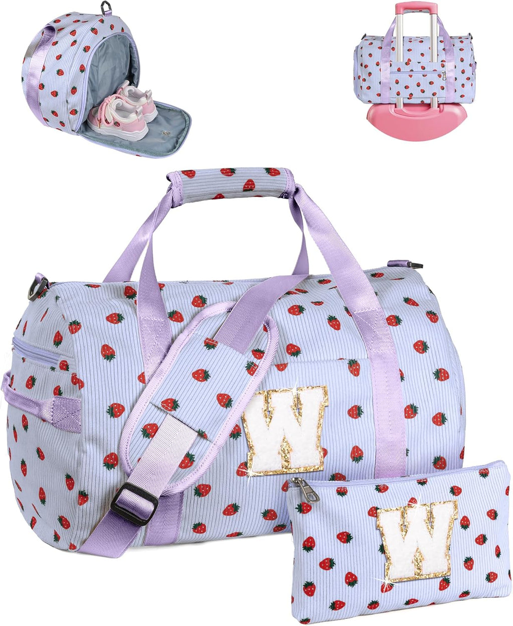 Skiennix Girls Gym Bag - Personalized Overnight Duffle with Shoe Compartment & Makeup Bag | Ideal Dance Recital Gift (Letter W)