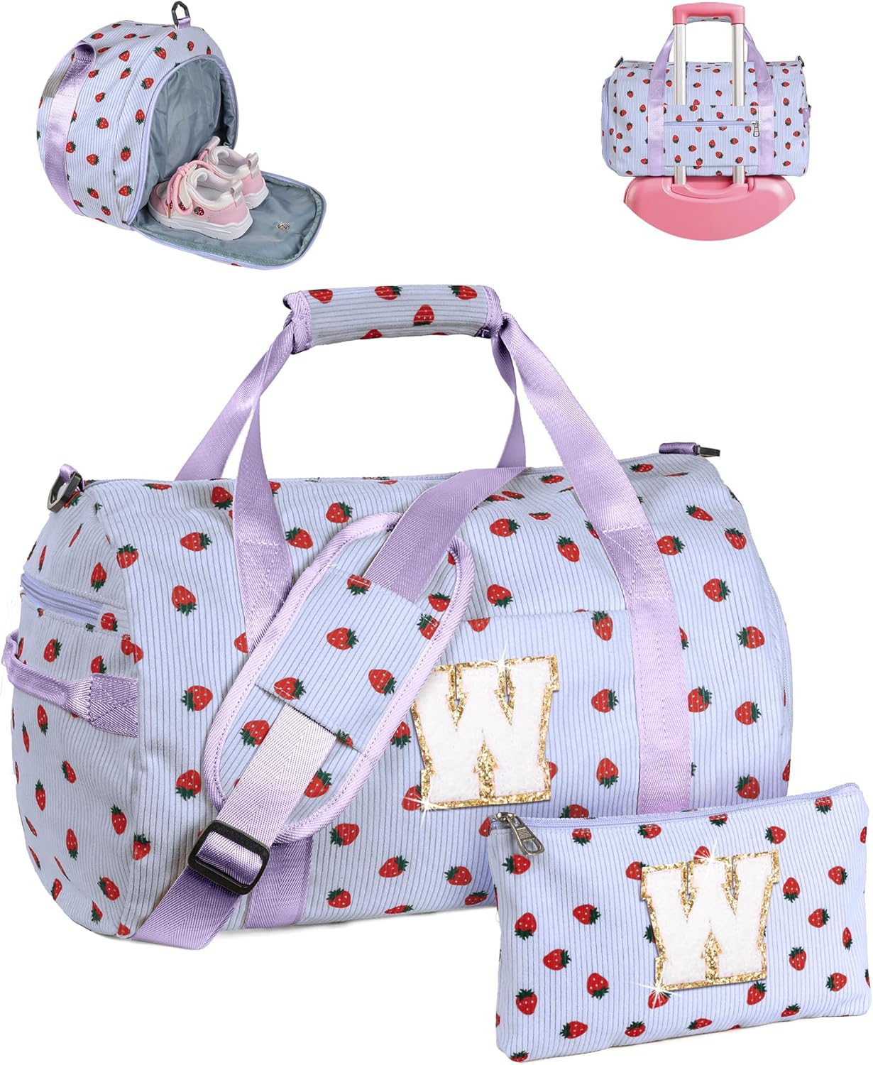 Skiennix Girls Gym Bag - Personalized Overnight Duffle with Shoe Compartment & Makeup Bag | Ideal Dance Recital Gift (Letter W)