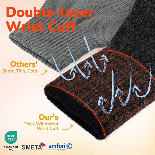 Heat equation Merino Wool Gloves for Men Women, Touch Screen Warm Glove Liners Thermal Soft Knit Lining for Winter Running Hiking L/XL Black Gray