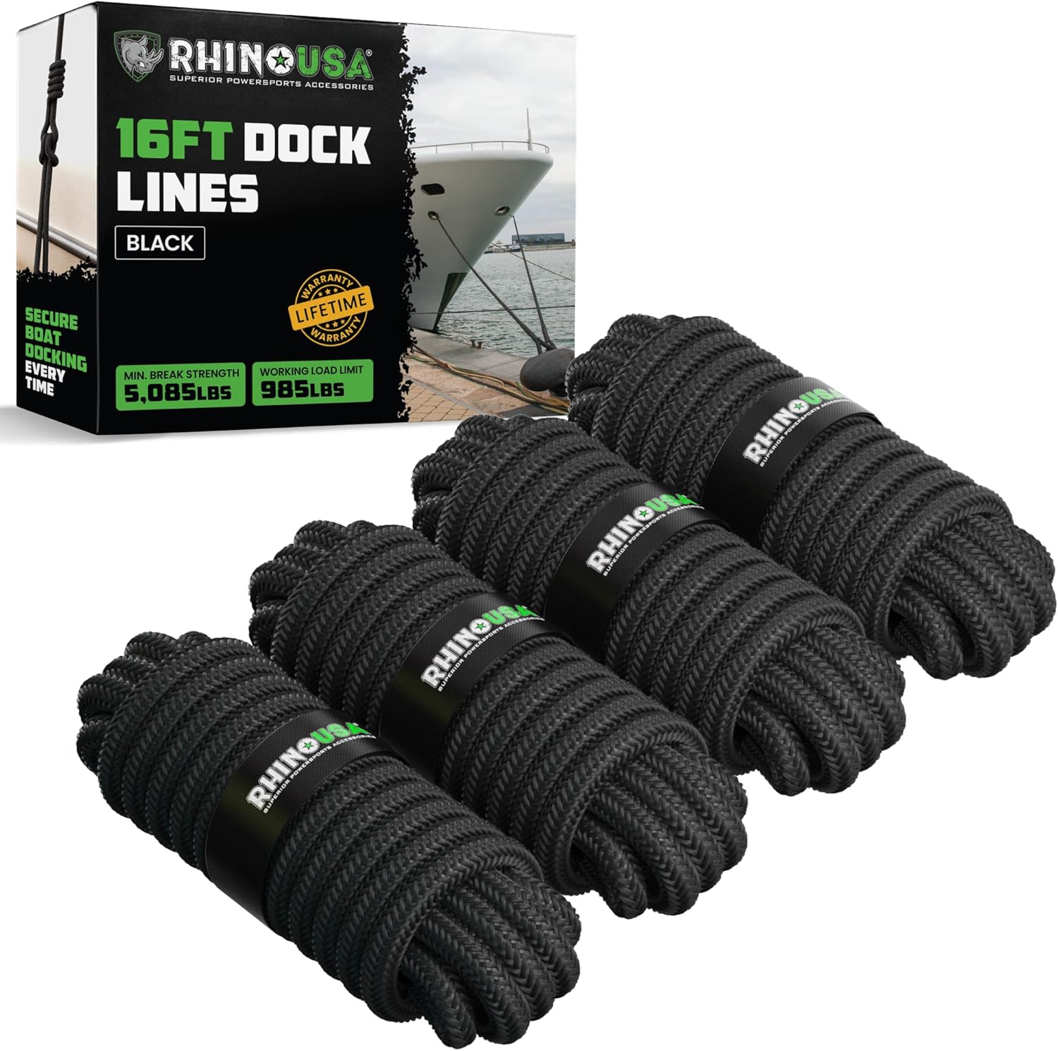 Rhino USA Dock Lines - Heavy Duty 1/2" x 16' Marine Grade Rope for Boats, Kayaks & Pontoons - Black