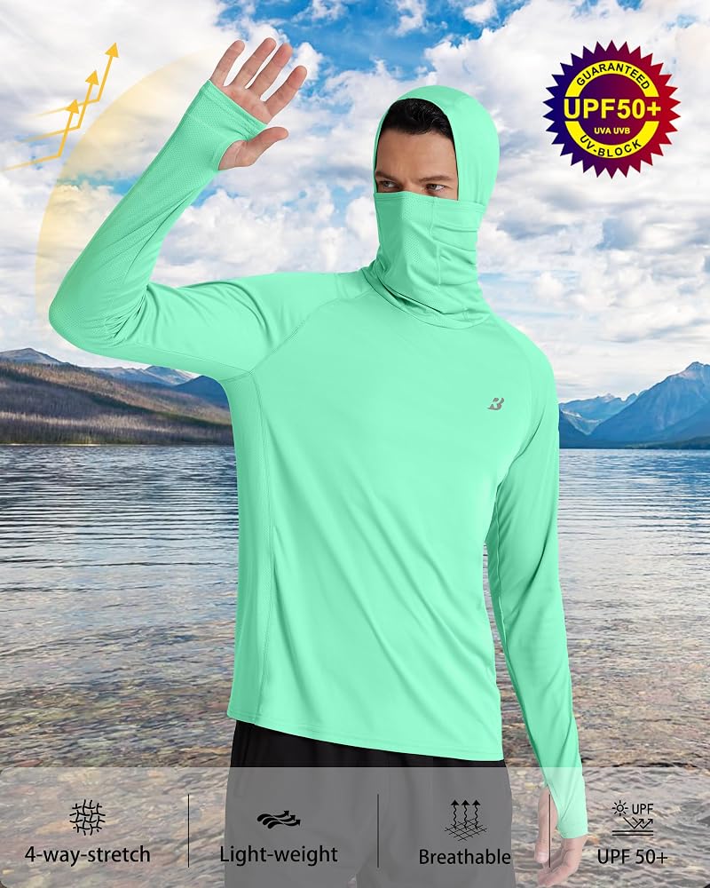 Roadbox UPF 50+ Men’s Sun Hoodie with Face Mask – Mint Green, Large