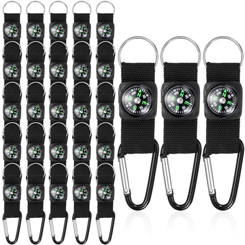 TOODOO 28 Pcs Belt Clip Compass for Kids, Black Prize Belt Compass Keychain for Camo Birthday Party Supplies Outdoors Adventure Party Favors