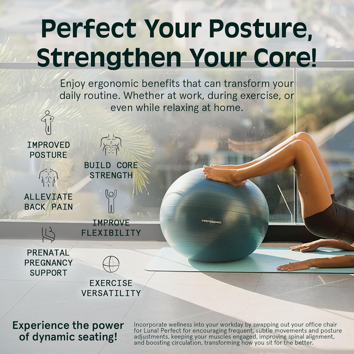 Retrospec Luna Exercise Ball - Anti-Burst Fitness Equipment for Yoga & Core Training | Home Gym & Office Use