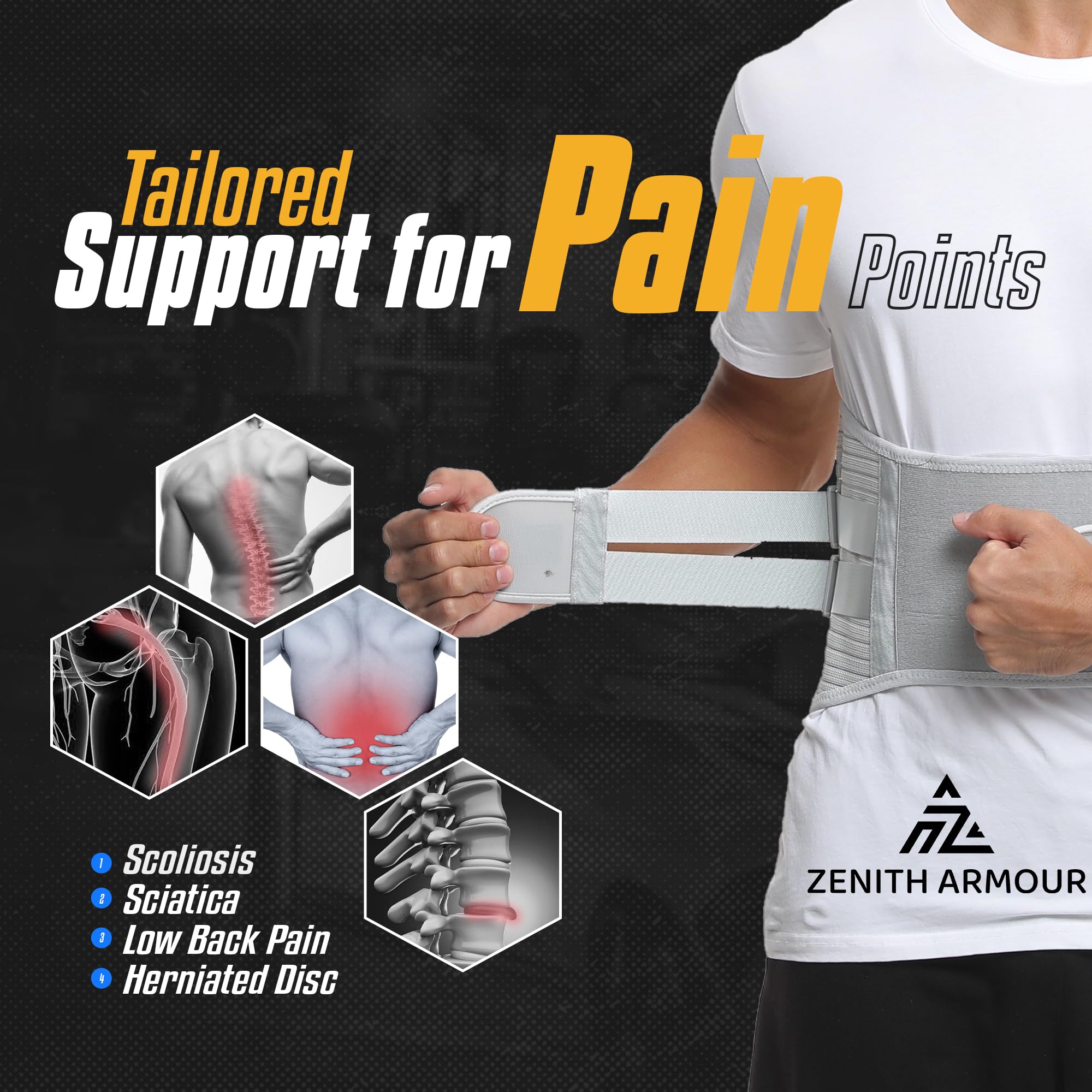 Zenith Armour Lumbar Support, Lower Back Brace Support for Lower Back Pain Relief, Scoliosis, Herniated Disc, Sciatica - Adjustable, Removable Metal Plate, Machine Washable - Men and Women (X-Large)